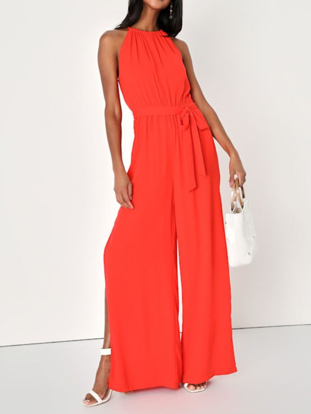 Lulus Iconic Statement Red Orange Belted Halter Wide Leg Jumpsuit - Size XS